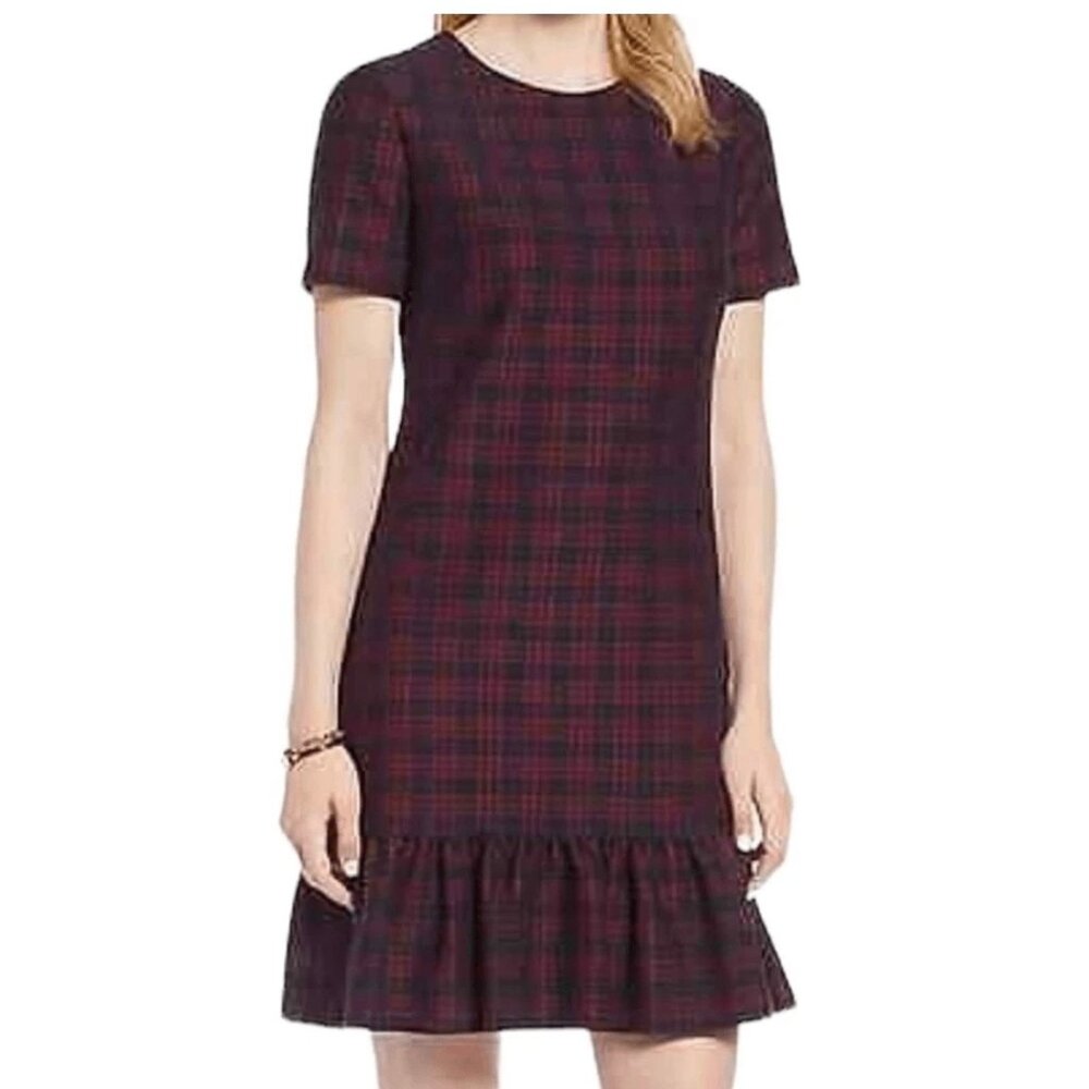 NORDSTROM 1901 Blue & Red Plaid Ruffle Hem Preppy Academia Shift Dress Size 6P
